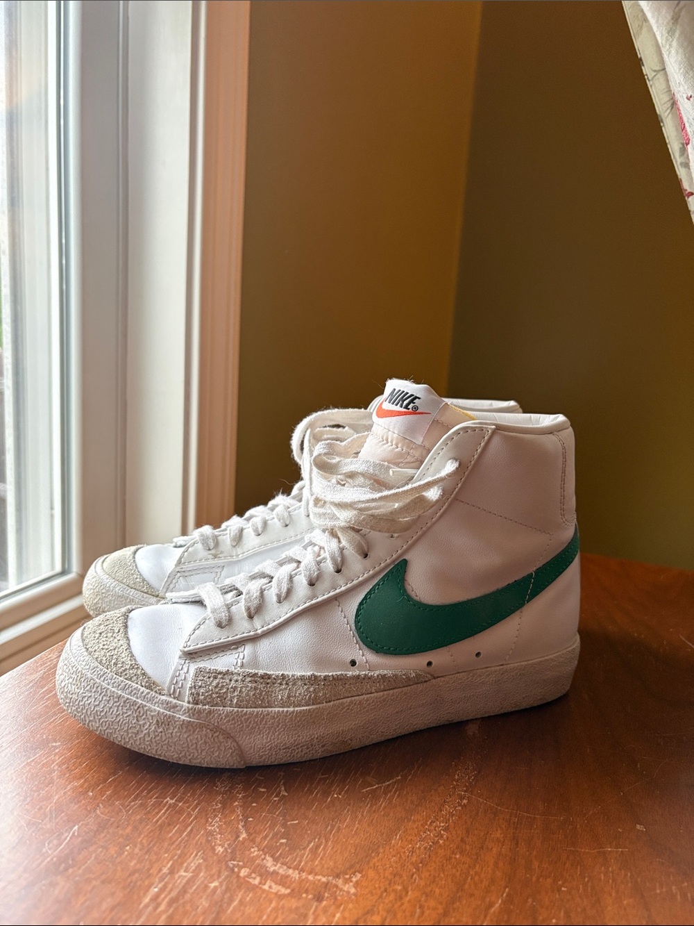 Green Women’s Nike Blazers White High-Top Sneakers with Swoosh Accent